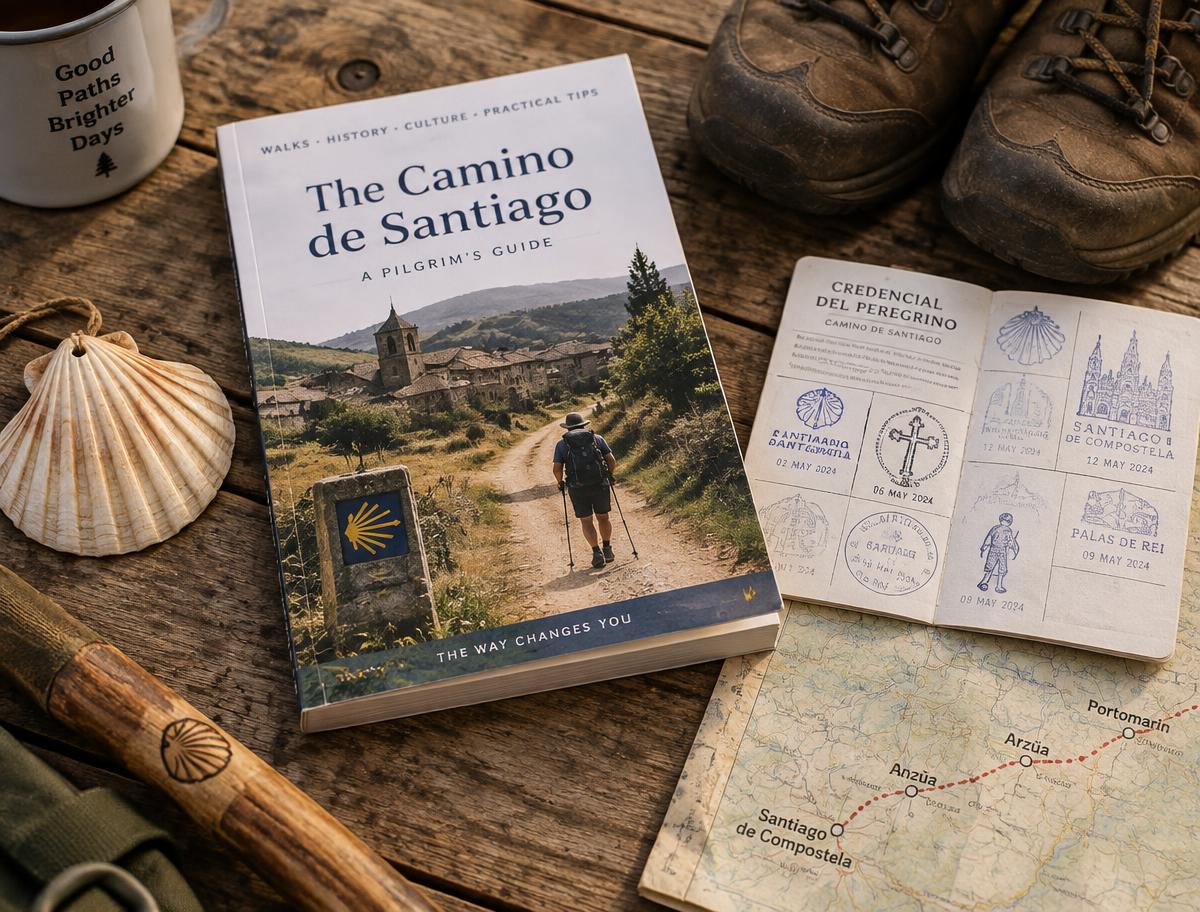 The printed Camino guide beside a scallop shell, pilgrim credential and route map